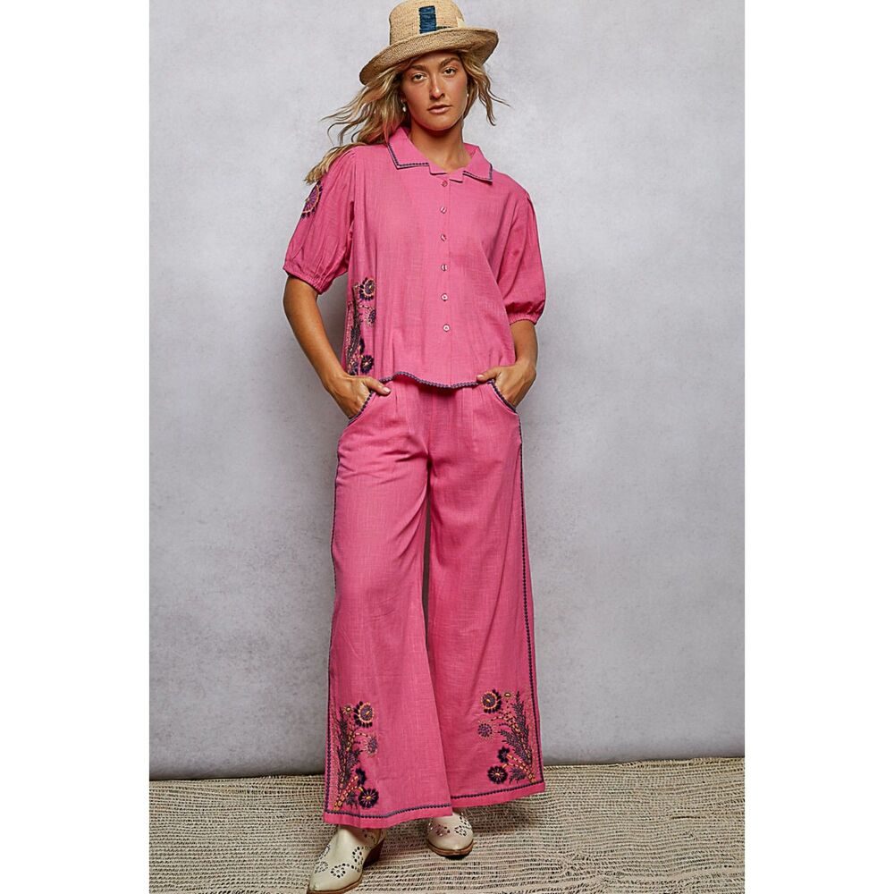 POL Embroidered 100% Cotton Top & Wide-Leg Pants Boho Set in Pink Small